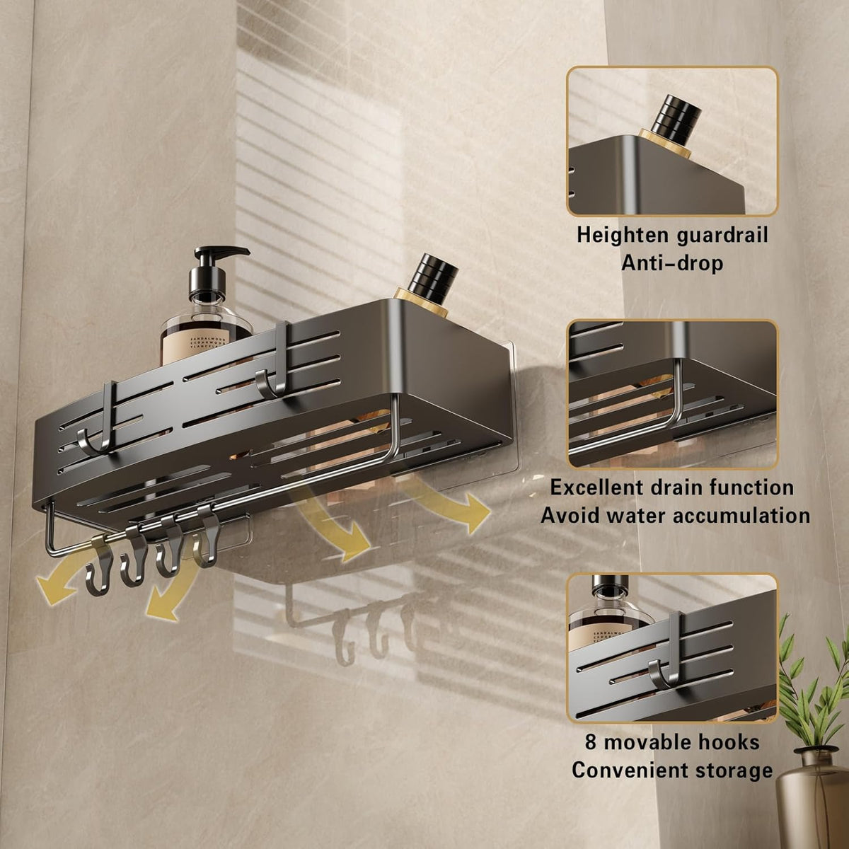 VOLPONE Shower Caddy No Drilling Shower Shelves for Inside Shower Heavy Duty Bathroom Organizer Storage Rack Adhesive with Towel Bar Hooks (2-Pack, Matte Gray)