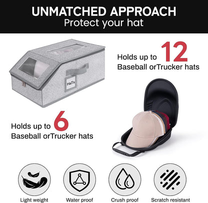 One set hat Storage for Baseball Caps,Gery Stackable box holds up to 18 Caps Hat Organizer for Closet, Black Baseball Cap and Adjustable Shoulder Strap, Hat Organizer Holder Bag for 6 Baseball Caps.