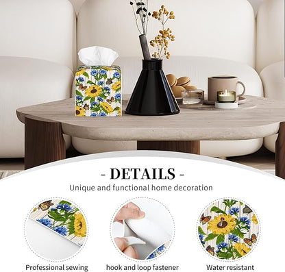 POIUBLE Cornflowers and Sunflowers Tissue Box Cover Butterfly and Ladybug Leather Tissue Box Holder Square Facial Paper Organizer Dispenser for Bathroom Kitchen Bedroom Vanity Countertop Night Stands