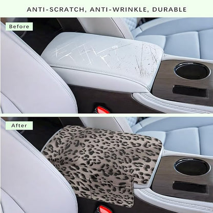 Car Armrest Storage Box Mat, Grey Leopard Car Center Console Cover, Vehicle Armrest Seat Box Cover Accessories Interior Protection for Most Vehicle, SUV, Truck, Car