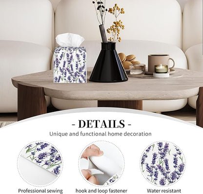 POIUBLE Leather Tissue Box Holder Lavender Flowers Tissue Box Cover Square Waterproof Tissue Holder Organizer Modern Napkin Holder for Bedroom Dresser Night Stand Office Desk