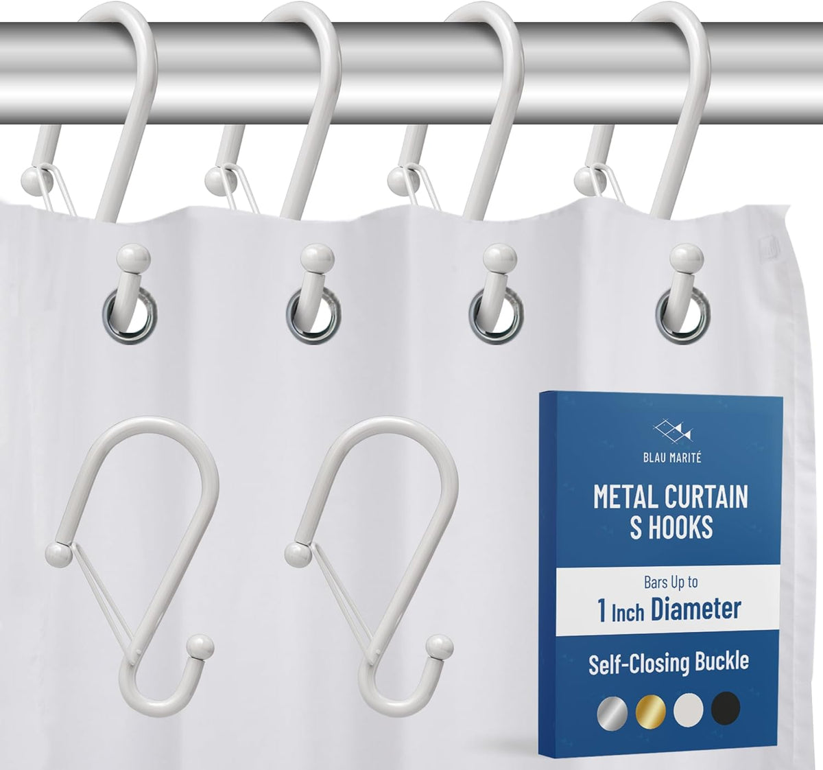 12 Decorative Metal Shower Curtain Hooks, S-Shaped Hooks with Anti-Fall System, Rust-Proof Shower Rings with Safety Buckle, Fits Rods Up to 1-Inch Diameter (S, White)