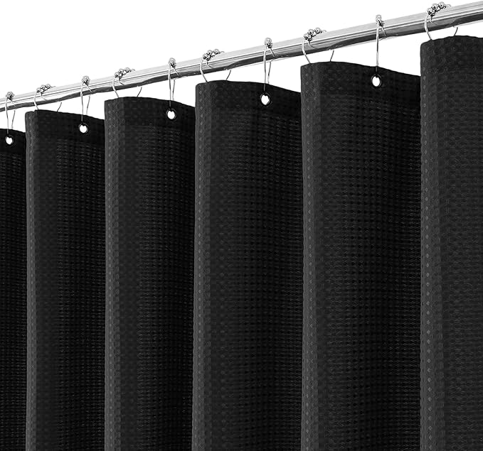meioro Black Shower Curtain, Waffle Weave 256GSM Heavy Duty Textured Fabric Shower Curtains for Bathroom Hotel Spa, Luxury Weighted Polyester Cloth Bath Curtain Set with 12 Hooks, 72Wx78H