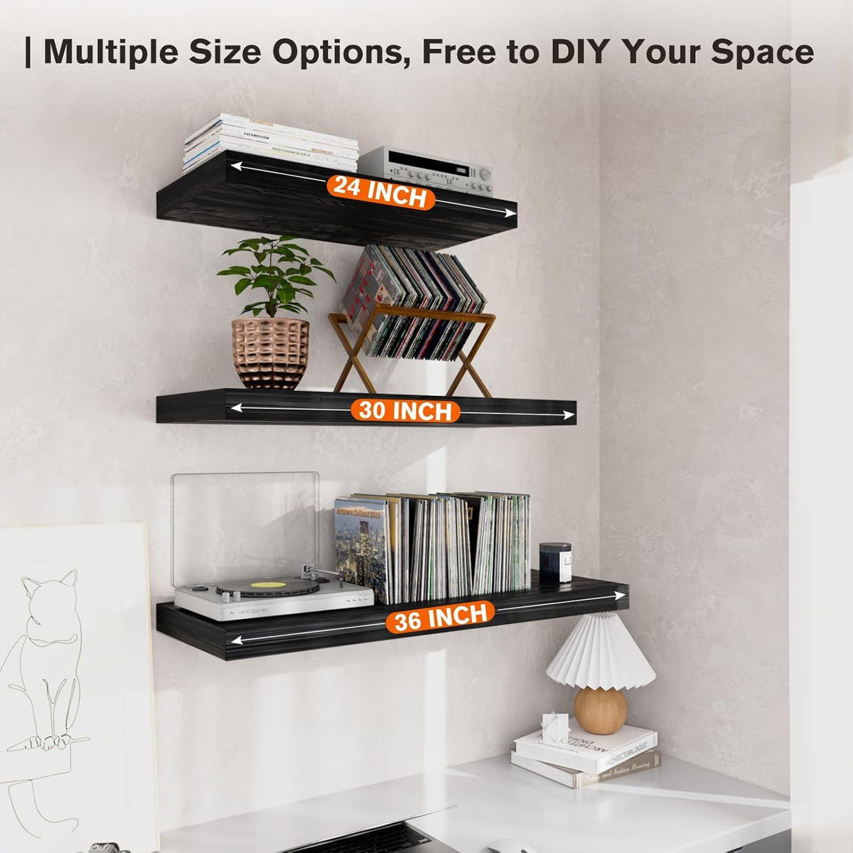 Floating Shelf, Set of 3 Wall Shelf, 24 in W x 12.75 in D x 2 in H Wooden Floating Wall Shelf with Invisible Brackets for Living Room/Bedroom/Bathroom/Kitchen Storage and Decor, Black Wood