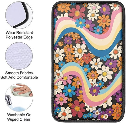 Hippie Floral 70s Car Center Console Cushion Pad Flower Hippy Armrest Box Protector Cover Universal Fit Dustproof Car Arm Rest Cover Auto Interior Decoration