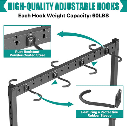 EVERHANGER Freestanding Bike Stand Rack with Adjustable Hooks, Vertical Bike Stand for Garage, Bicycle Storage Organizer, Holds Up to 7 Bikes & 7 Helmets