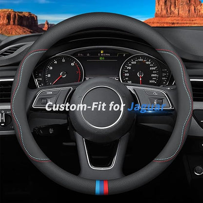 Custom-Fit for Jaguar Steering Wheel Cover, Premium Leather Car Steering Wheel Cover with Logo, Non-Slip, Breathable, for