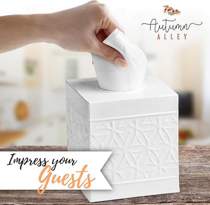Autumn Alley White Tissue Box Cover Square, Bathroom Accessories, Decorative Tissue Holders for Bathrooms, Bedroom, Kitchen with Embossed Pattern Tissue Holders Decorative, Modern, White