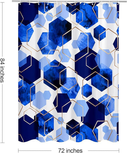 Litabel Modern Extra Long Shower Curtain for Bathroom, Royal Blue Geometric Art Decor Waterproof Bath Curtain, Abstract Fabric Shower Curtain Sets for Home Decor, 72x84 Inch