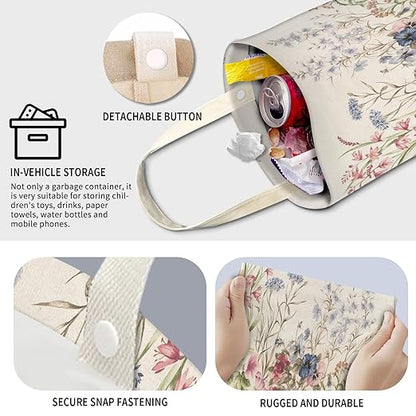 Cute Car Trash Can, Hanging Canvas Car Back Seat Organizer and Storage Bag, Funny Car Trash Bag For Travelling, Outdoor Cute Watercolor Floral