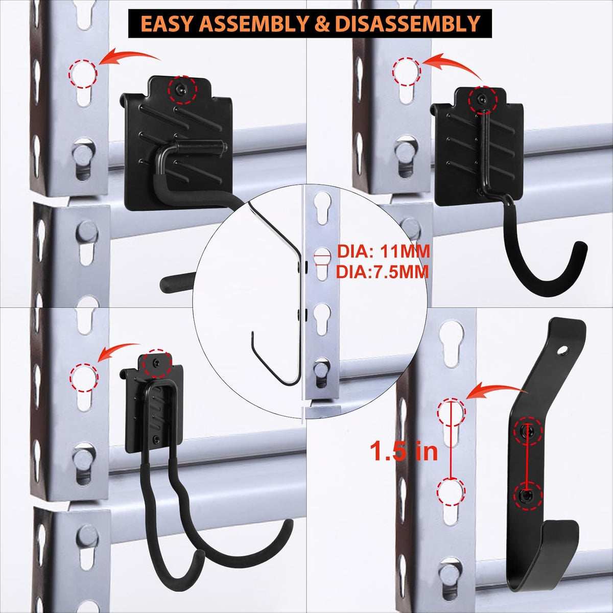 Wallmaster Boltless Shelving Hook Organizer Kit,7 Pcs Adjustable Storage Hanging Accessories for 1.5 inch Keyhole Rack,Garage Heavy Duty Tool Storage System