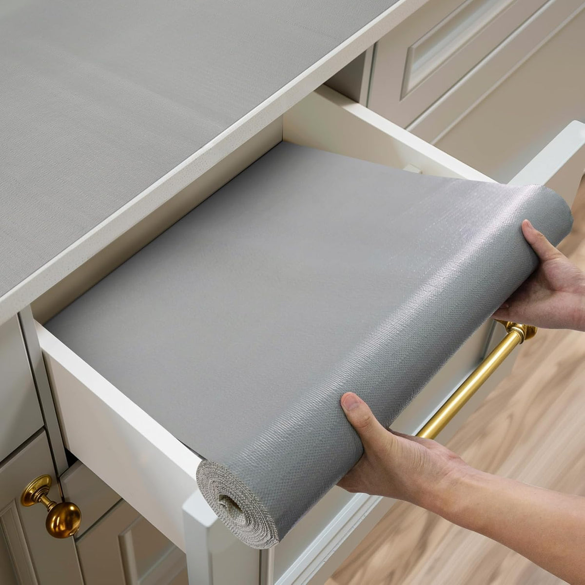Shelf and Drawer Liner for Kitchen Cabinets Non-Adhesive, Strong Grip Non-Slip Thickened Cabinet Liners for Shelves, Waterproof Mats for Dresser Cupboard, Pure Gray, 12 in x 10 Feet