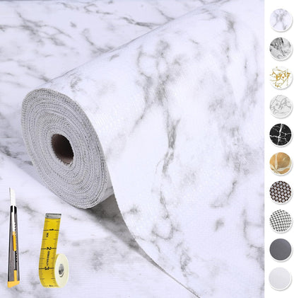 2-Layer Drawer and Shelf Liner for Kitchen Cabinet: 12 in X 20 Ft Non Slip Waterproof Shelf Paper Non Adhesive Refrigerator Liners White Marble Easy Liners for Bathroom with Knife Tape Measure