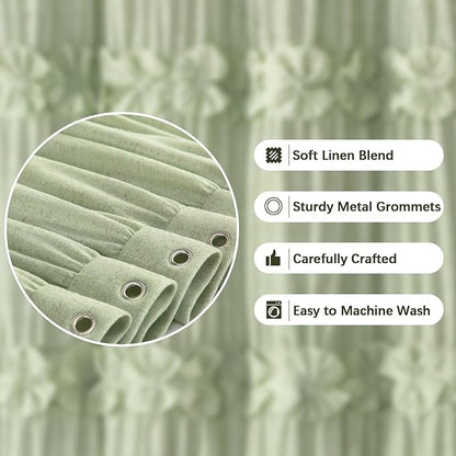 XOGUIBO Ruffle Shower Curtain with Handmade Bow Tie, Green Linen Vintage Farmhouse Shower Curtain for Bathroom, 72" W x 72" H