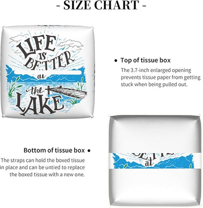POIUBLE Leather Tissue Box Holder Life is Better at The Lake Tissue Box Cover Square Waterproof Tissue Holder Organizer Modern Napkin Holder for Bedroom Dresser Night Stand Office Desk