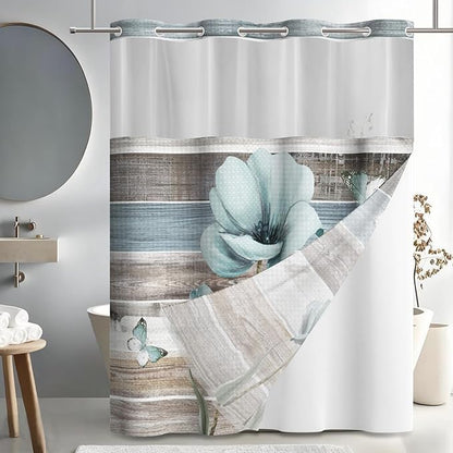 GICDSU No Hook Shower Curtain with Snap in Liner, Waffle Shower Curtain Set for Bathroom, Turquoise Floral Style with Semi-Sheer Top Window, Waterproof & Washable, 71" W x 80" L