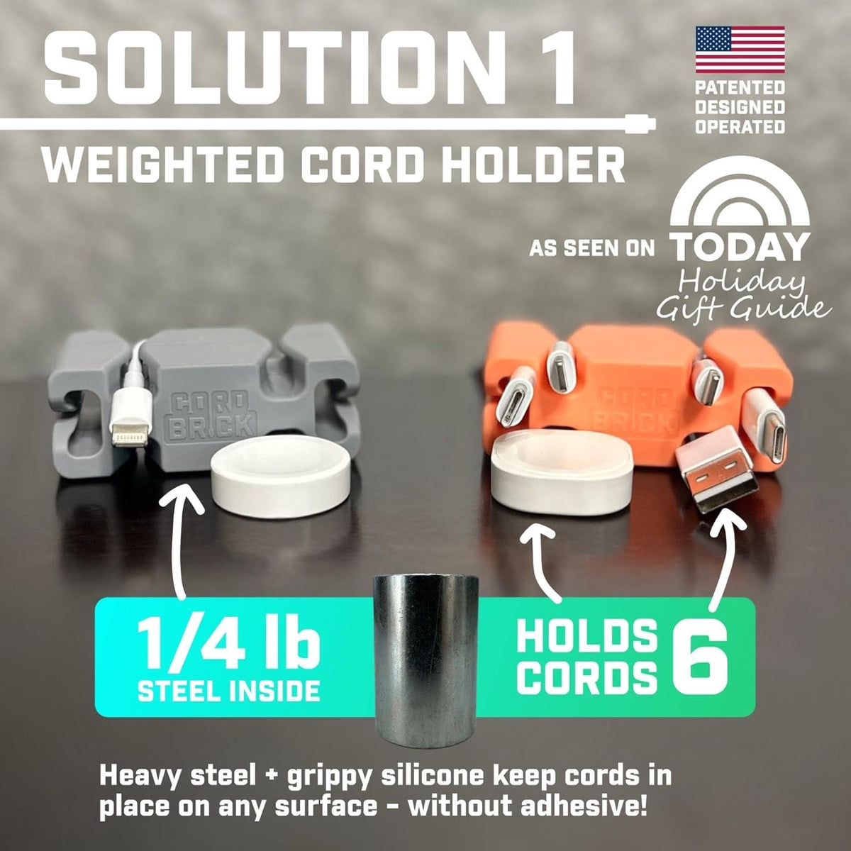 CordBrick Stocking Stuffers for Adults Cord Management Weighted Cord Holder Cable Wrap Phone Stand - Multiuse Gadget Organizer for Nightstand, Desk. Gift for Men, Durable Silicone. 2pk Coral