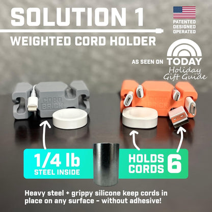 CordBrick Stocking Stuffers for Adults Cord Management Weighted Cord Holder Cable Wrap Phone Stand - Multiuse Gadget Organizer for Nightstand, Desk. Gift for Men, Durable Silicone. 2pk Coral