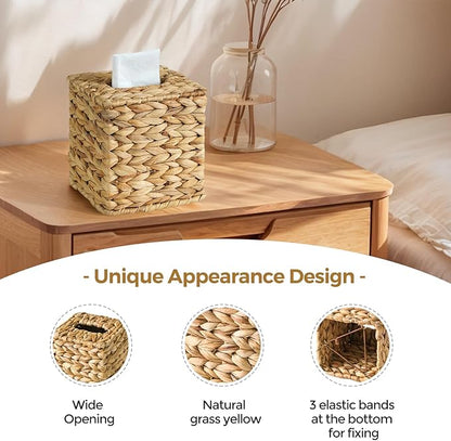 KALEKAIL 2 Pack Rattan Tissue Box Cover, Wicker Tissue Box Holder Square, Boho Decorative Woven Water Hyacinth Cube Tissue Holders for Bathroom Living Room Kitchen