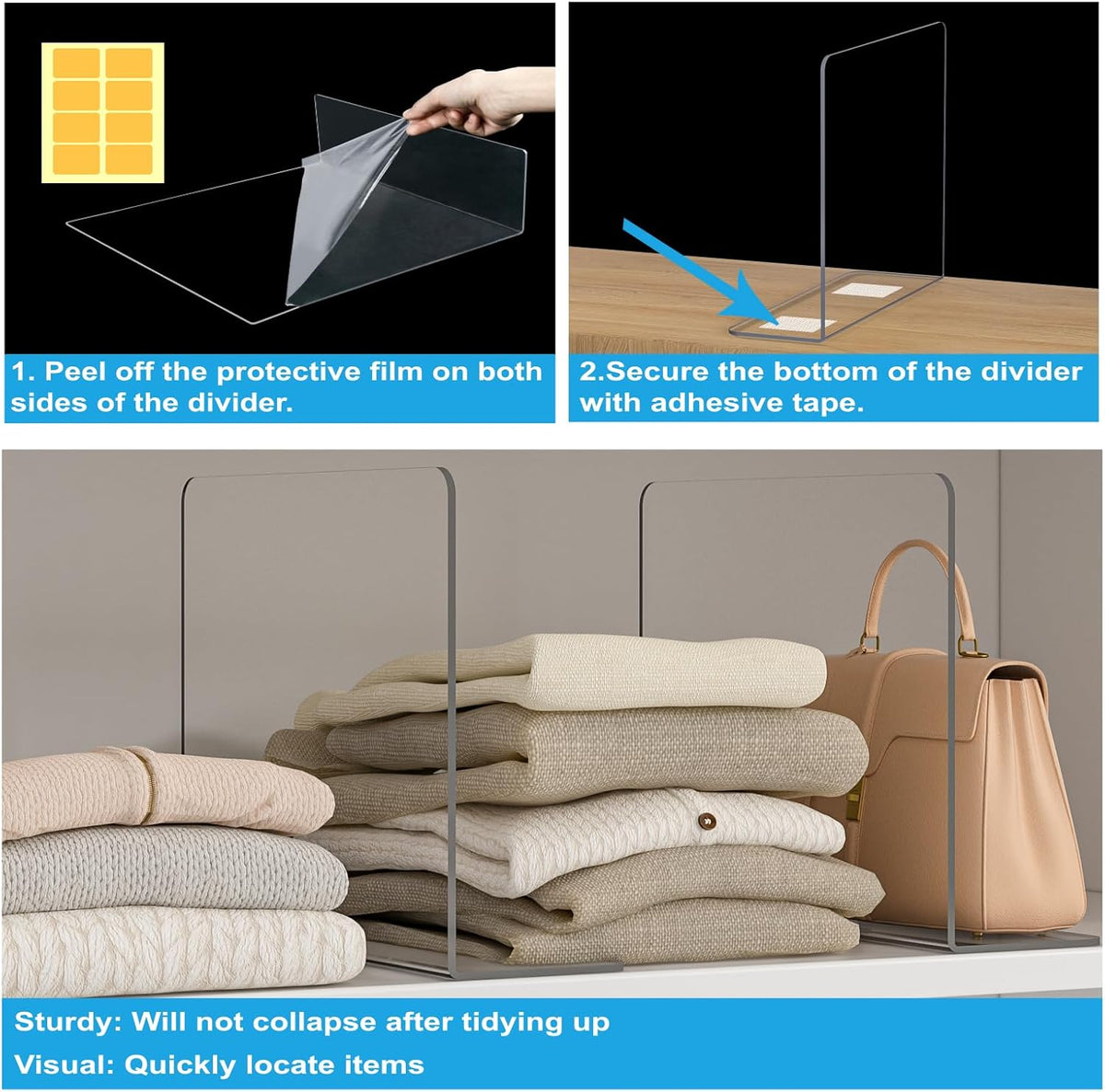 OKPOW Shelf Dividers Closet Organizer - 12" Tall X 9" Deep Acrylic Clear Sturdy Separate for Clothes Purse - Adjustable Space Saver Easy Install for Home Organization Enthusiasts 12 Pack
