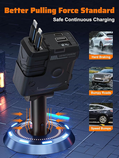 Retractable Car Charger with Retractable Cables (31.5 inch), 4 in 1 Super Fast Car Phone Charger, 2 USB Ports Car Charger Adapter, Compatible with iPhone 15 14 13 12 11 Pro Max, iPad, Pixel