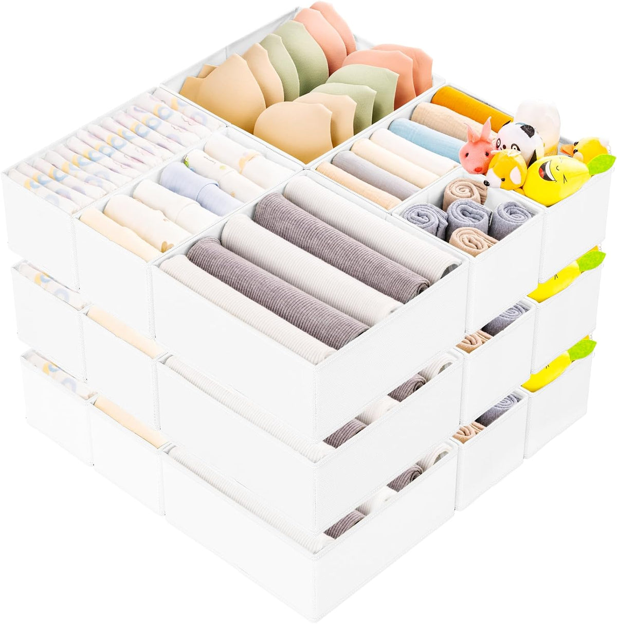 Criusia 15 Pack Drawer Organizer for Clothes, Foldable Dresser Dividers with 3 Sizes, Fabric Storage Bins – White