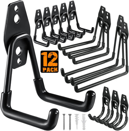 12 Pack Garage Hooks Heavy Duty Utility Steel with Anti-Slip Coating Wall Mount Storage Organizer for Hanging Power and Garden Tools, Ladders, Hose, Bikes, Ropes, Bulk Items, and More