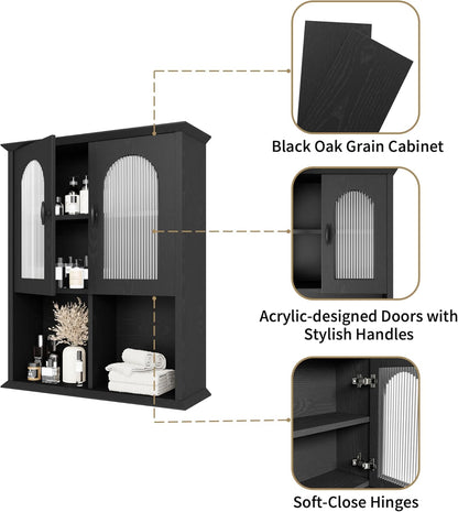 CJL Bathroom Wall Cabinet with Fluted Door, 23.6'' x 29.5'' Medicine Cabinet, Over The Toilet Storage Cabinet, Black