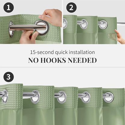 River Dream Sage Green Fabric Shower Curtain Set, Cotton Blend, Waffle Weave, with Snap in Replacement Liner，71 x 74 inches