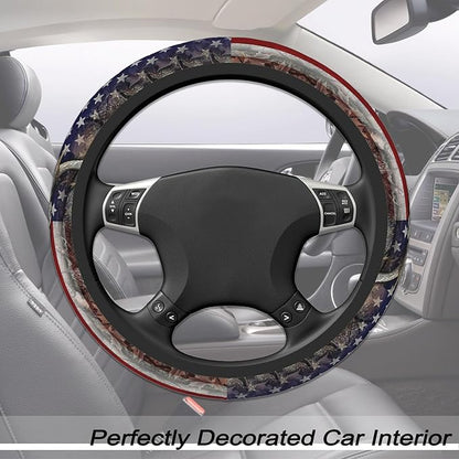 Camouflage Deer American Flag Steering Wheel Cover for Men, Anti-Slip Elastic Breathable Soft Rubber Car Steering Wheel Protective Cover, Universal 15 Inch Fit for Cars, Auto, SUVs