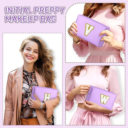 TOPEAST Preppy Small Makeup Bag, Chenille Letter Pouch Cosmetic Bag With Zipper, PU Leather Waterproof Toiletry Bag, Personalized Birthday Gift for Women, Cute Stuff for Girls (Purple D)