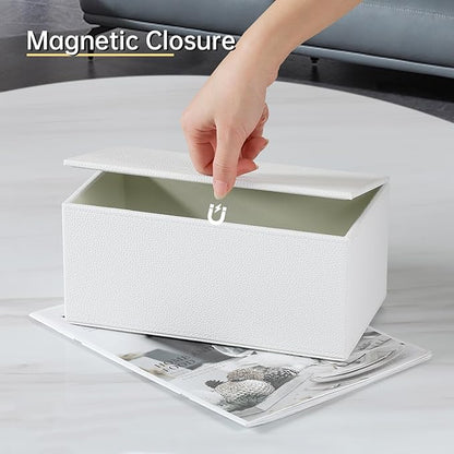 JLAMBOM Rectangle Tissue Box Cover for 120 to 160 Count Box of Tissues, PU Leather Tissue Holder with Magnetic Closure (White)