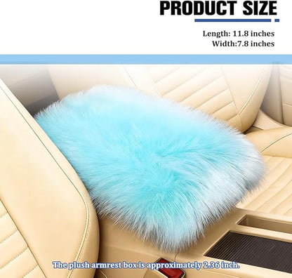 Car Center Console Cover, Fluffy Soft Vehicle Middle Console Arm Rest Cushion Pad, Furry Automotive Interior Armrest Seat Box Protector Decoration Accessories, Universal Fit (Light Blue)