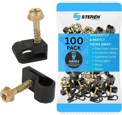 STEREN Coaxial Cable Clips - Cable Holder - Siding Clips for Hanging - Cord Holder for Desk - Cable Clamps - Cord Clip - Wire Organizer Clips - Tv Mount Screws (Black, 100 Count - Single Screw)
