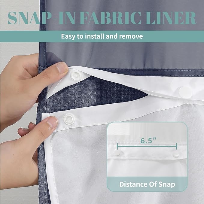 eachope Navy Extra Long No Hook Waffle Weave Shower Curtain with snap-in Liner Replacement, 230GSM Waterproof Fabric Hotel Shower Curtain Set for Bathroom, Through Mesh Top Window,71Wx86H