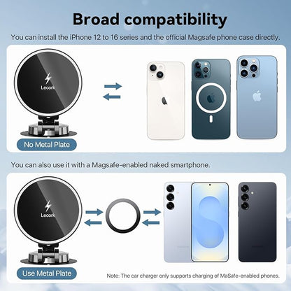 Lecork for Magsafe Car Mount Charger, 15W Magnetic Wireles Car Charger for iPhone 12 13 14 15 16 Series, Stick On Dashboard Phone Holder Mount for Samsung S25 Series, Zinc Alloy Shell, Black