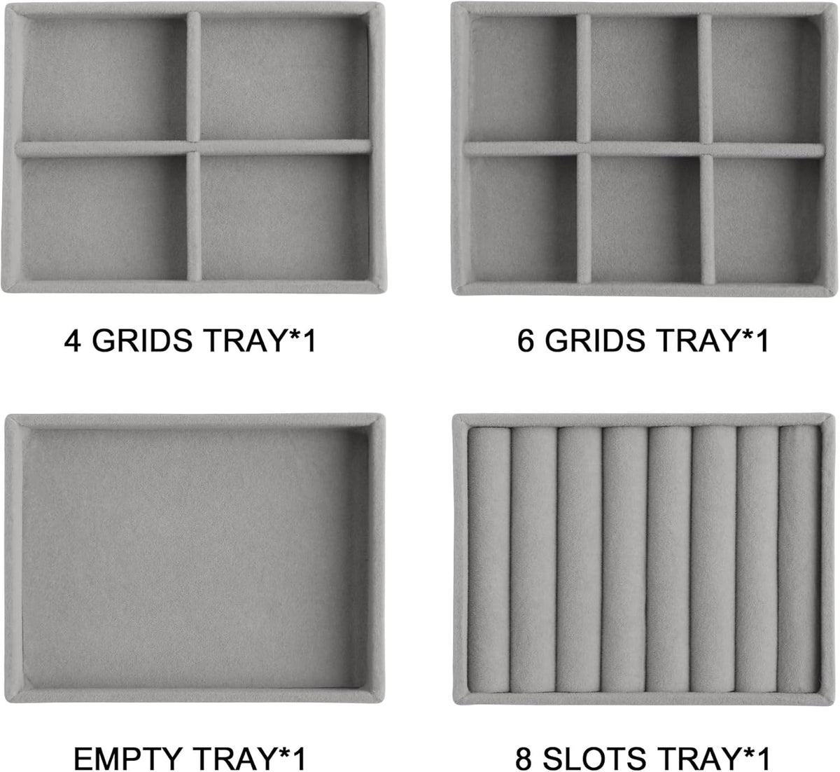Frebeauty Small Jewelry Tray Set,Stackable Velvet Jewelry Organizer Tray,Mini Jewelry Drawer Organizer,Drawer Inserts,4.92 x 3.74 x 0.9 Inches,Earring Organizer for Women(Set 4,Grey)
