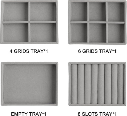 Frebeauty Small Jewelry Tray Set,Stackable Velvet Jewelry Organizer Tray,Mini Jewelry Drawer Organizer,Drawer Inserts,4.92 x 3.74 x 0.9 Inches,Earring Organizer for Women(Set 4,Grey)