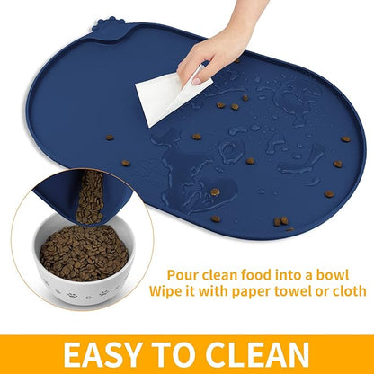 KPWACD Pet Placemat for Dog and Cat, Waterproof Silicone Dogs Feeding Bowl Mat Prevent Food and Water Overflow, High-Lips Puppy Dish Mats Suitable for Small Medium Big Pets, Navy, 24" * 16"