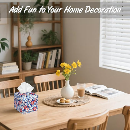 Red and Blue Flowers Tissue Box Cover Square,Tissue Box Holder with Belt Bottom,Stylish Leather Napkin Holder for Vanity Countertop,Nightstands,Office Desk,5.2"×5.2"×5.2"