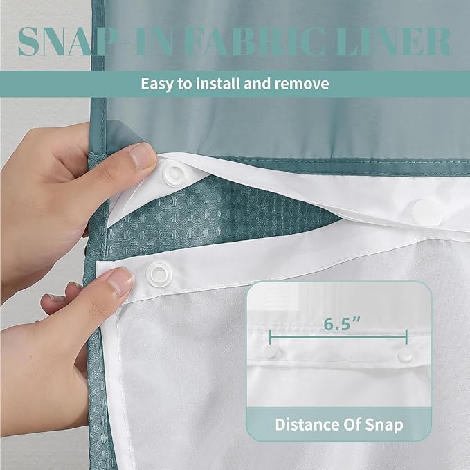 eachope SeawedGreen Extra Long No Hook Waffle Weave Shower Curtain with snap-in Liner Replacement, 230GSM Waterproof Fabric Hotel Shower Curtain Set for Bathroom, Through Mesh Top Window,71Wx86H