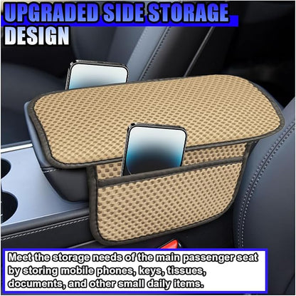 Car Center Console Cover, Cooling Auto Armrest Cushion Pad with 2 Storage Bags, Breathable Elbow Pillow Middle Console Protector, Universal Vehicle Interior Accessories (Beige)
