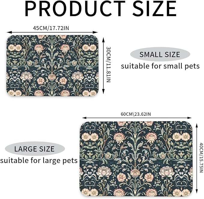 Pink Vintage Flower Dog Food Mat Absorbent Bowl Mats No Stains Quick Dry Waterproof Pet Cat Placemats for Food and Water, 30x45cm