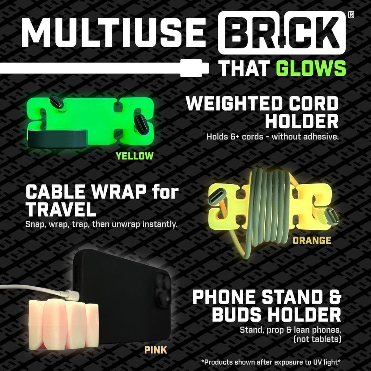 GlowBrick Stocking Stuffers for Adults Cord Management Weighted Cord Holder Cable Wrap Phone Stand - Glow-in-The-Dark Gadget Organizer for Nightstand. Gift for Men, Silicone. Glowing Blue