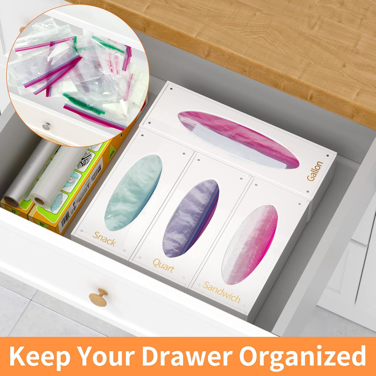 FEMELI Food Bag Storage Organizer, Acrylic Kitchen Drawer Baggie Box, Compatible with Gallon, Slider Quart, Freezer, Sandwich, Snack, Variety Size Bags, 4 separate Pack(White)