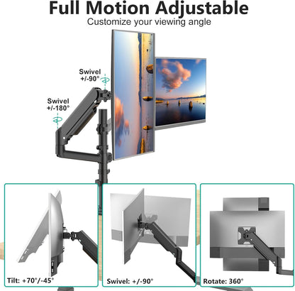 WALI Dual Monitor Mount, 13-32 Inch Adjustable Spring Dual Monitor Arm for Desk Holds Max 19.8 lbs Screens, Swivel Vesa Bracket with C Clamp, Grommet Mounting, Monitor Arms for 2 Monitors (GSDM002)