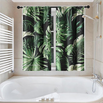 Culudea Green Tropical Plant Jungle Leaf Waffle Textured Cloth Shower Curtain Set, Palm Tree Leaves Black Bathroom Window Waterproof Shower Curtains for Bathroom Decor