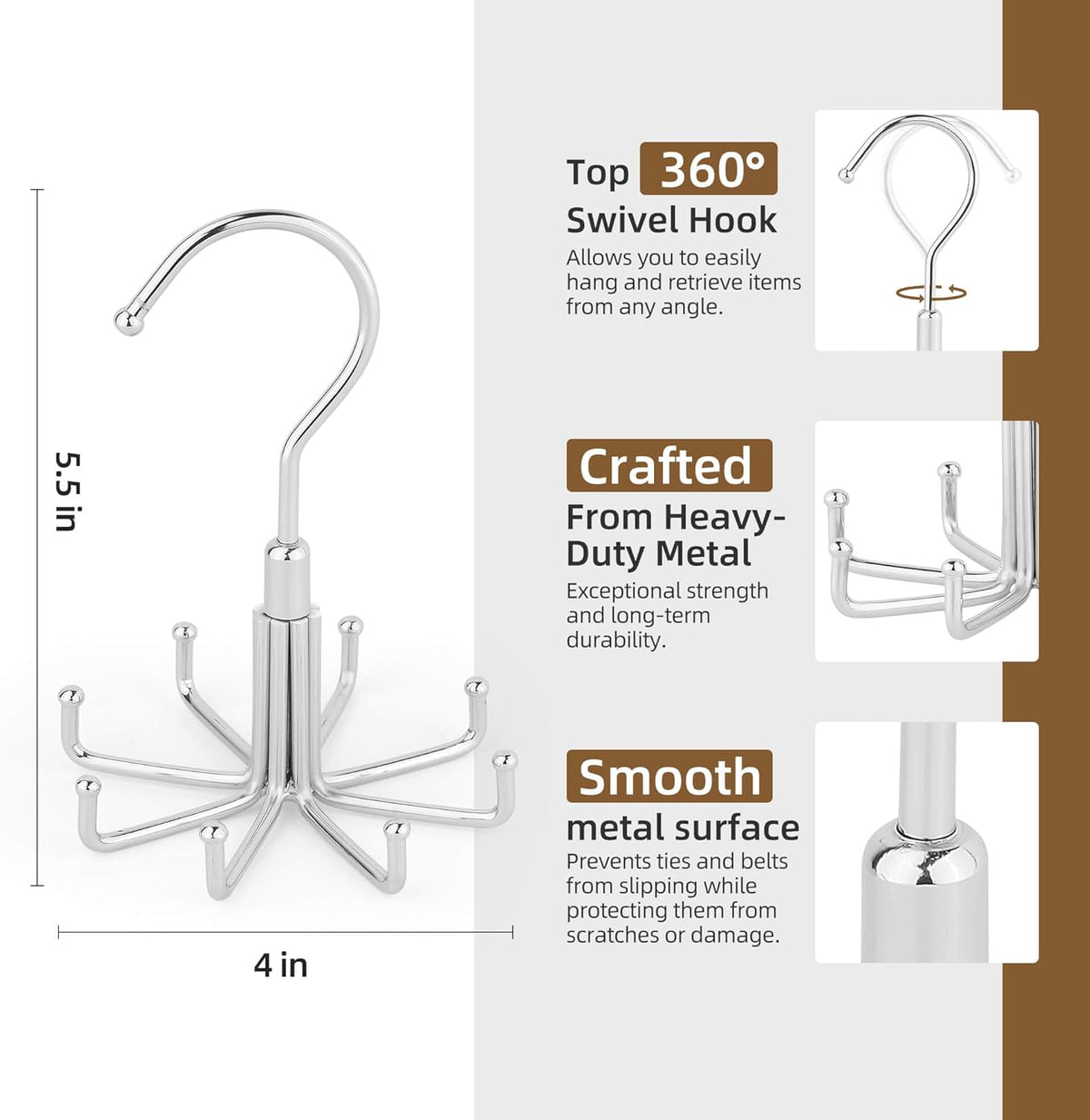 ZEDODIER Tie Hanger for Closet, Rotatable Tie Organizer for Men with 8 Hooks, Heavy Duty Space Saving Tie Rack for Ties and Belts, Silver