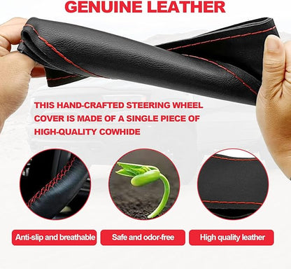 Direct Genuine PU Leather Steering Wheel Cover, 15 Inch Non-Slip Breathable/Soft and Comfortable Feeling, Genuine PU Leather Stitch On Wrap for Car Truck SUV - DIY Sewing with Needle Thread (red)