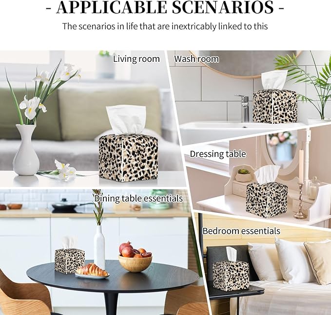 PVC Tissue Box Cover Holder,Leopard Square Decorative Organizer,5.2"X5.2"X5.2" Tissue Case for Bathroom, Tabletop, Car, Office